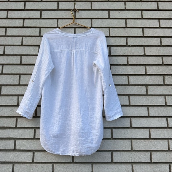 Rosemarine White Linen Roll Tab Sleeve Two Button V-Neck Shirt Blouse - Picture 10 of 11